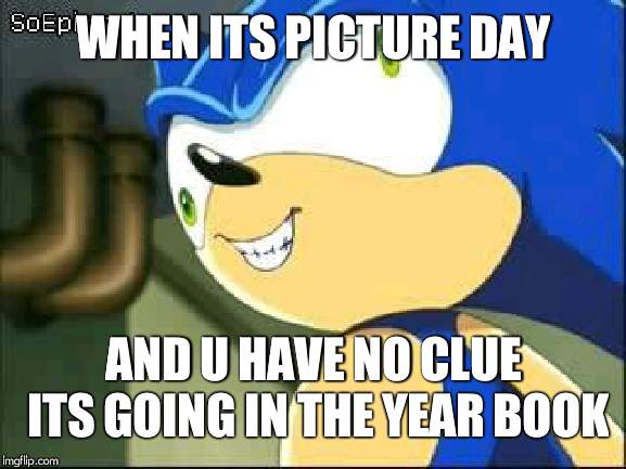 Derp sonic | WHEN ITS PICTURE DAY; AND U HAVE NO CLUE ITS GOING IN THE YEAR BOOK | image tagged in derp sonic | made w/ Imgflip meme maker