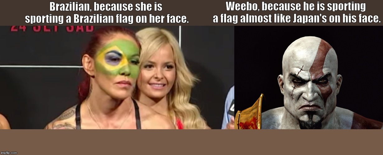 Like Peter's crucifixion in relation to Christ's . . . . | Weebo, because he is sporting a flag almost like Japan's on his face. Brazilian, because she is sporting a Brazilian flag on her face. | image tagged in memes,flags,christianity | made w/ Imgflip meme maker