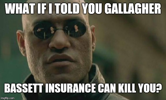 Matrix Morpheus Meme |  WHAT IF I TOLD YOU GALLAGHER; BASSETT INSURANCE CAN KILL YOU? | image tagged in memes,matrix morpheus | made w/ Imgflip meme maker