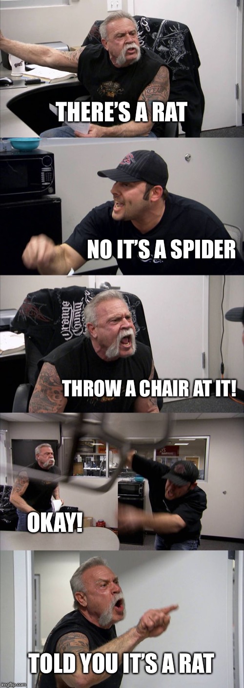 American Chopper Argument | THERE’S A RAT; NO IT’S A SPIDER; THROW A CHAIR AT IT! OKAY! TOLD YOU IT’S A RAT | image tagged in memes,american chopper argument | made w/ Imgflip meme maker