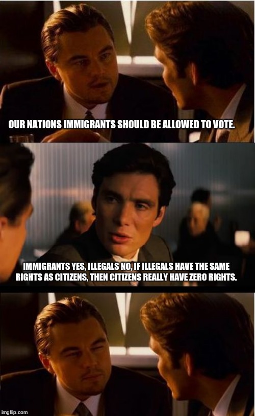 You never were a citizen according to the ruling class.  | OUR NATIONS IMMIGRANTS SHOULD BE ALLOWED TO VOTE. IMMIGRANTS YES, ILLEGALS NO, IF ILLEGALS HAVE THE SAME RIGHTS AS CITIZENS, THEN CITIZENS REALLY HAVE ZERO RIGHTS. | image tagged in memes,inception,illegals | made w/ Imgflip meme maker