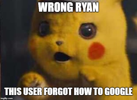 Surprised Detective Pikachu | WRONG RYAN THIS USER FORGOT HOW TO GOOGLE | image tagged in surprised detective pikachu | made w/ Imgflip meme maker