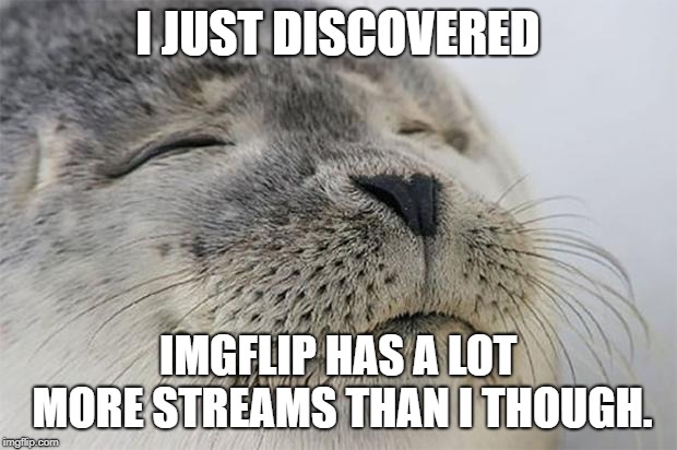 Satisfied Seal | I JUST DISCOVERED; IMGFLIP HAS A LOT MORE STREAMS THAN I THOUGH. | image tagged in memes,satisfied seal | made w/ Imgflip meme maker