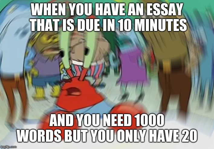Mr Krabs Blur Meme Meme | WHEN YOU HAVE AN ESSAY THAT IS DUE IN 10 MINUTES; AND YOU NEED 1000 WORDS BUT YOU ONLY HAVE 20 | image tagged in memes,mr krabs blur meme | made w/ Imgflip meme maker