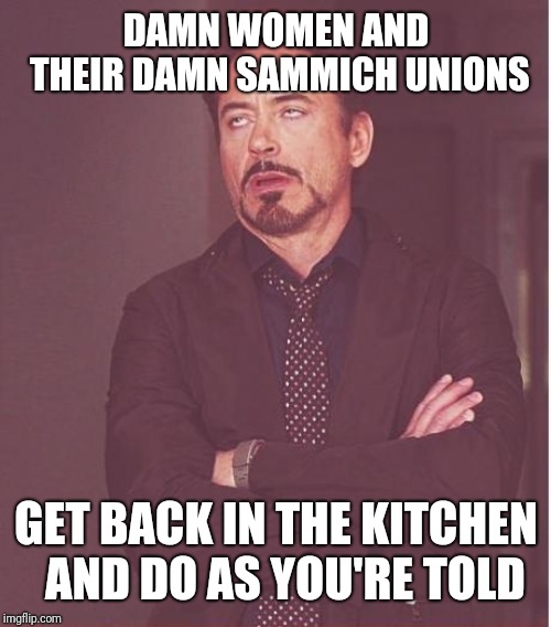 Face You Make Robert Downey Jr Meme | DAMN WOMEN AND THEIR DAMN SAMMICH UNIONS GET BACK IN THE KITCHEN  AND DO AS YOU'RE TOLD | image tagged in memes,face you make robert downey jr | made w/ Imgflip meme maker