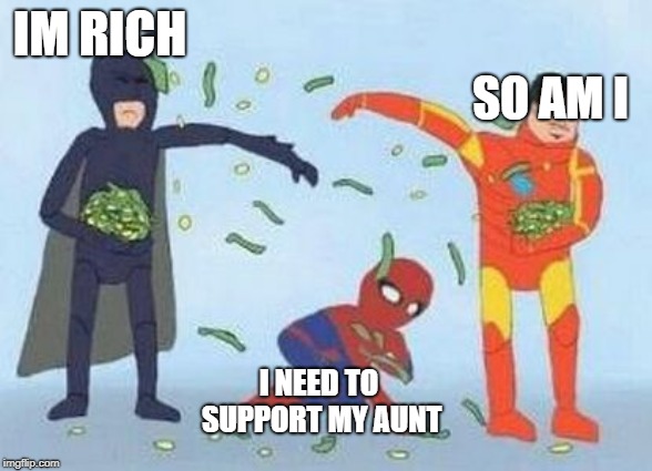 Pathetic Spidey | IM RICH; SO AM I; I NEED TO SUPPORT MY AUNT | image tagged in memes,pathetic spidey | made w/ Imgflip meme maker