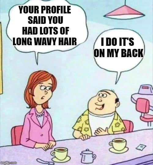 profile fib  | YOUR PROFILE SAID YOU HAD LOTS OF LONG WAVY HAIR; I DO IT'S ON MY BACK | image tagged in funny,cartoon | made w/ Imgflip meme maker