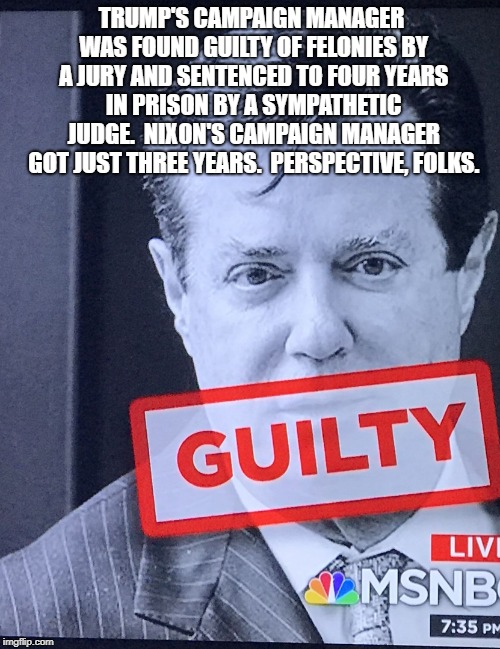 Paul Manafort Guilty  | TRUMP'S CAMPAIGN MANAGER WAS FOUND GUILTY OF FELONIES BY A JURY AND SENTENCED TO FOUR YEARS IN PRISON BY A SYMPATHETIC JUDGE.  NIXON'S CAMPAIGN MANAGER GOT JUST THREE YEARS.  PERSPECTIVE, FOLKS. | image tagged in paul manafort guilty | made w/ Imgflip meme maker