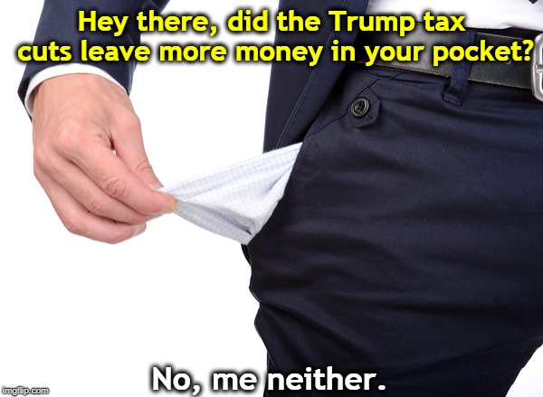 Hey there, did the Trump tax cuts leave more money in your pocket? No, me neither. | image tagged in trump,tax cut | made w/ Imgflip meme maker