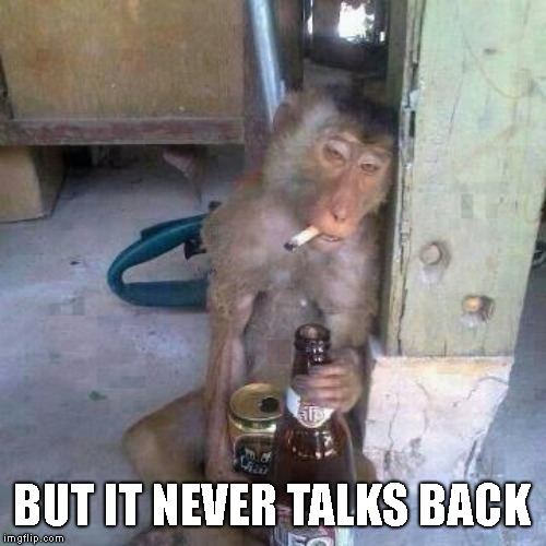 Drunken Ass monkey | BUT IT NEVER TALKS BACK | image tagged in drunken ass monkey | made w/ Imgflip meme maker