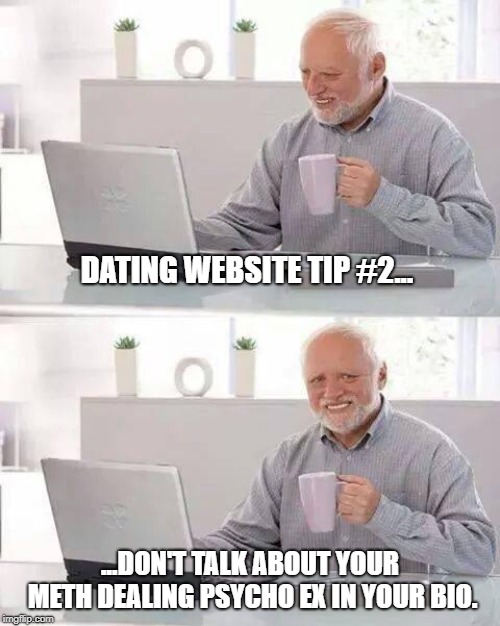 Dating Tip #2 | DATING WEBSITE TIP #2... ...DON'T TALK ABOUT YOUR METH DEALING PSYCHO EX IN YOUR BIO. | image tagged in memes,hide the pain harold | made w/ Imgflip meme maker