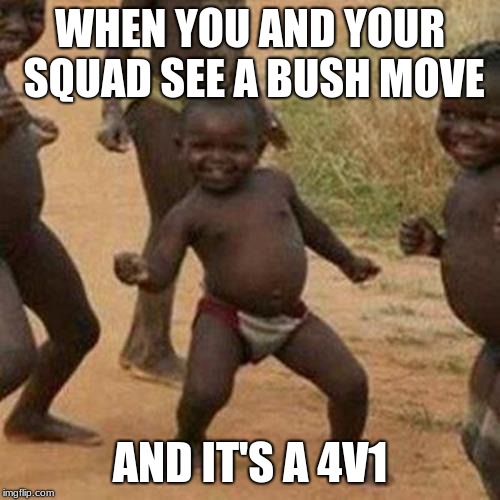 Third World Success Kid Meme | WHEN YOU AND YOUR SQUAD SEE A BUSH MOVE; AND IT'S A 4V1 | image tagged in memes,third world success kid | made w/ Imgflip meme maker
