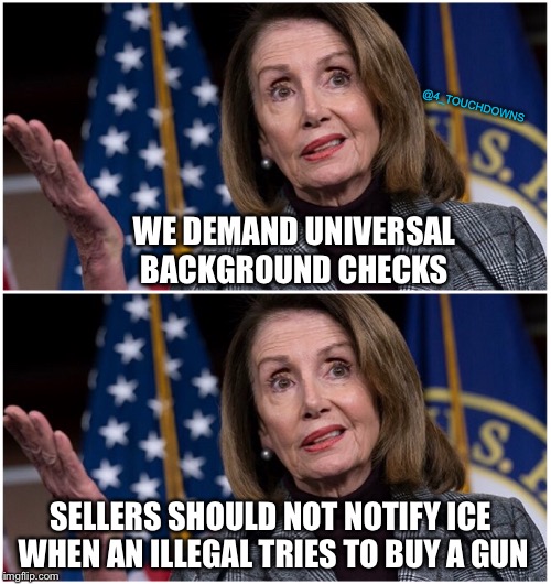 Democrats... | @4_TOUCHDOWNS; WE DEMAND UNIVERSAL BACKGROUND CHECKS; SELLERS SHOULD NOT NOTIFY ICE WHEN AN ILLEGAL TRIES TO BUY A GUN | image tagged in nancy pelosi,gun control,libtards | made w/ Imgflip meme maker