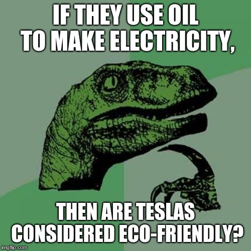 Philosoraptor Meme | IF THEY USE OIL TO MAKE ELECTRICITY, THEN ARE TESLAS CONSIDERED ECO-FRIENDLY? | image tagged in memes,philosoraptor | made w/ Imgflip meme maker