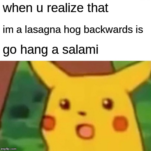 Surprised Pikachu Meme | when u realize that; im a lasagna hog backwards is; go hang a salami | image tagged in memes,surprised pikachu | made w/ Imgflip meme maker