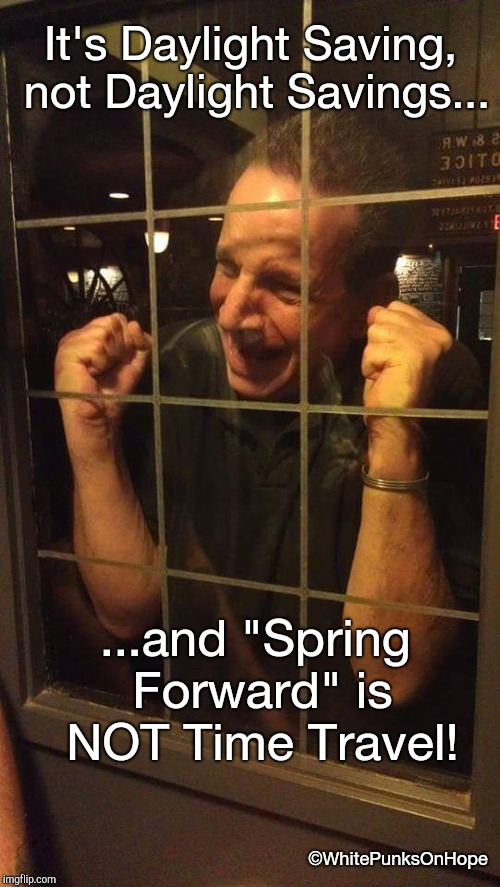 'Spring Forward' is NOT Time Travel! | It's Daylight Saving, not Daylight Savings... ...and "Spring Forward" is NOT Time Travel! ©WhitePunksOnHope | image tagged in humor,daylight saving time | made w/ Imgflip meme maker