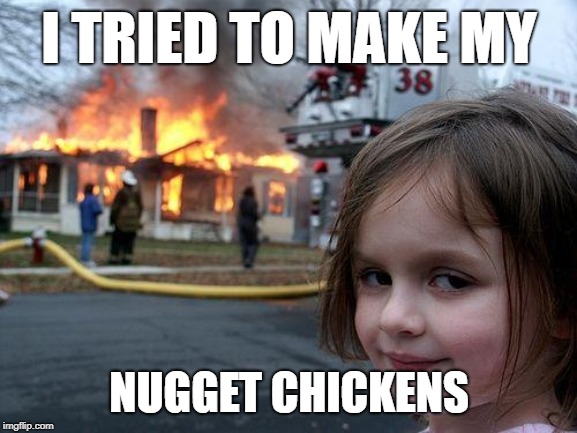 Disaster Girl Meme | I TRIED TO MAKE MY; NUGGET CHICKENS | image tagged in memes,disaster girl | made w/ Imgflip meme maker