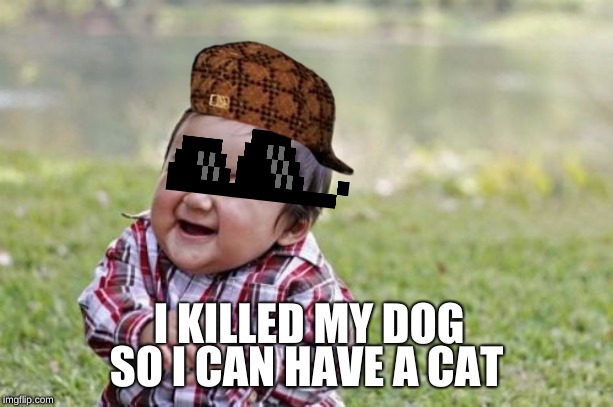 Evil Toddler | SO I CAN HAVE A CAT; I KILLED MY DOG | image tagged in memes,evil toddler | made w/ Imgflip meme maker