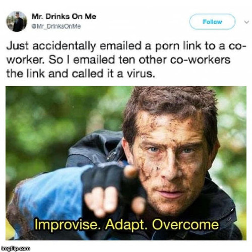 Improvise. Adapt. Overcome.

:> | . | image tagged in funny memes,funny,memes,improvise adapt overcome | made w/ Imgflip meme maker