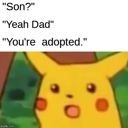 Surprised Pikachu | "Son?"; "Yeah Dad"; "You're
 adopted." | image tagged in memes,surprised pikachu | made w/ Imgflip meme maker