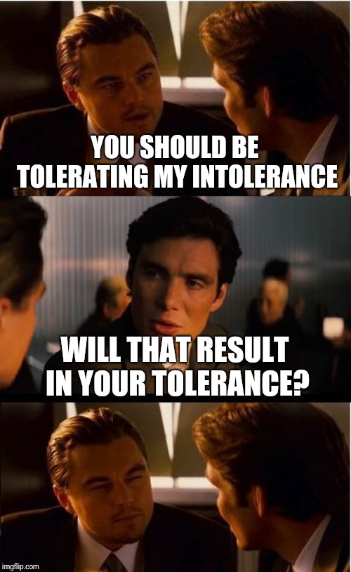 Inception Meme | YOU SHOULD BE TOLERATING MY INTOLERANCE WILL THAT RESULT IN YOUR TOLERANCE? | image tagged in memes,inception | made w/ Imgflip meme maker
