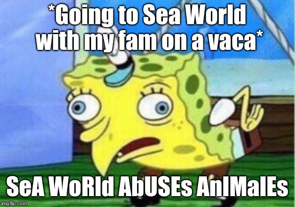 Mocking Spongebob Meme | *Going to Sea World with my fam on a vaca*; SeA WoRld AbUSEs AnIMalEs | image tagged in memes,mocking spongebob | made w/ Imgflip meme maker