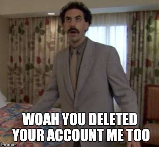 Borat woah | WOAH YOU DELETED YOUR ACCOUNT ME TOO | image tagged in borat woah | made w/ Imgflip meme maker