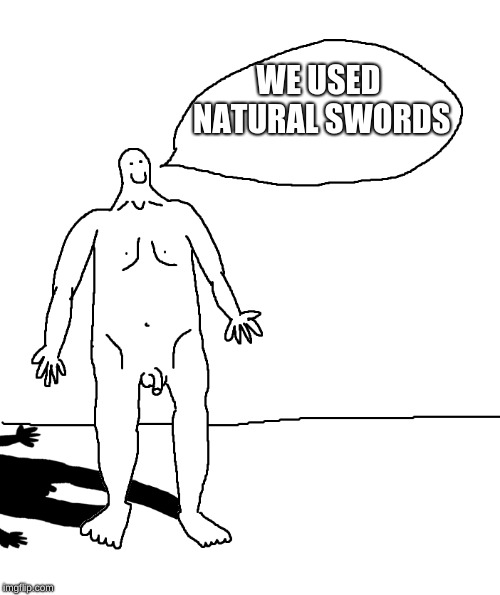 Nude Man Presenting | WE USED NATURAL SWORDS | image tagged in nude man presenting | made w/ Imgflip meme maker