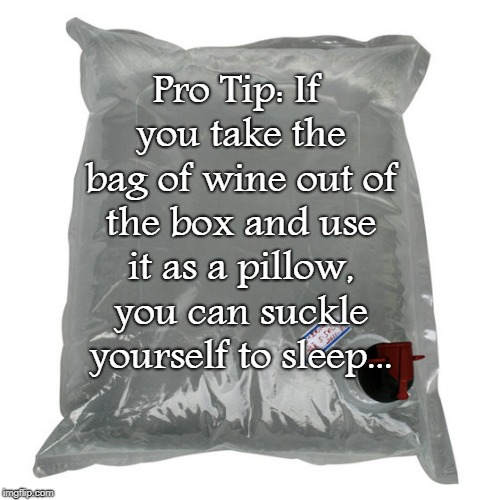 Pro Tip... | Pro Tip: If you take the bag of wine out of the box and use it as a pillow, you can suckle yourself to sleep... | image tagged in bag,wine,box,suckle,pillow | made w/ Imgflip meme maker