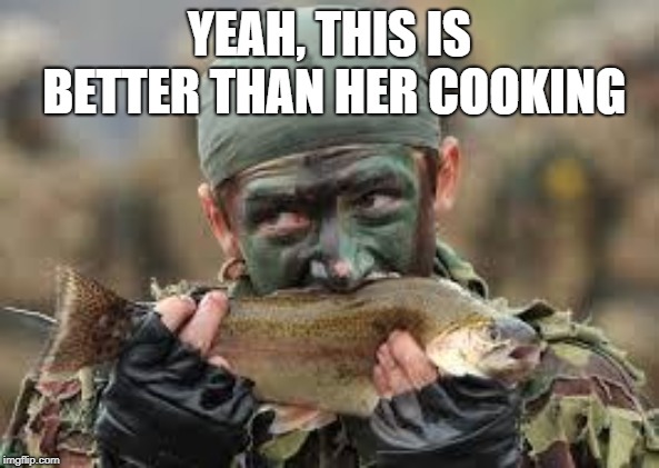 Soldier eating fish | YEAH, THIS IS BETTER THAN HER COOKING | image tagged in soldier eating fish | made w/ Imgflip meme maker