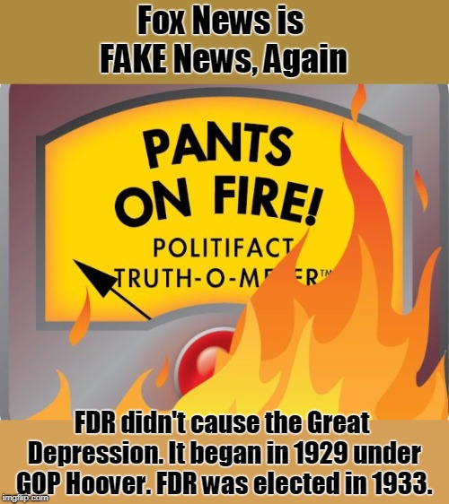Another Fox FAKE NEWS story | Fox News is FAKE News, Again; FDR didn't cause the Great Depression. It began in 1929 under GOP Hoover. FDR was elected in 1933. | image tagged in faux news,fox news,fake news,fox lies,fox | made w/ Imgflip meme maker