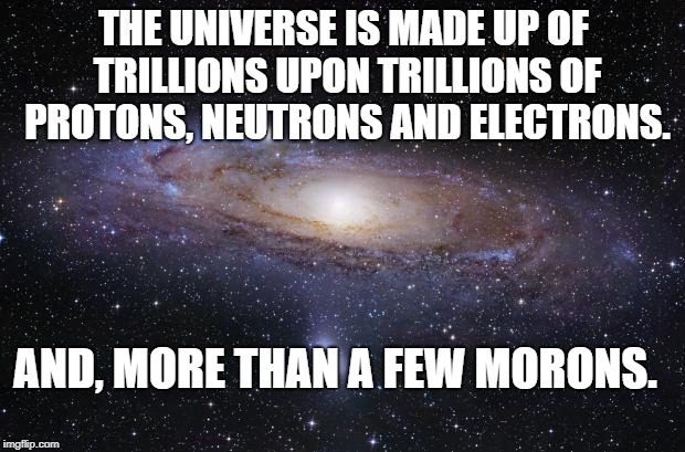 God Religion Universe |  THE UNIVERSE IS MADE UP OF TRILLIONS UPON TRILLIONS OF PROTONS, NEUTRONS AND ELECTRONS. AND, MORE THAN A FEW MORONS. | image tagged in god religion universe | made w/ Imgflip meme maker