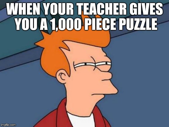 Futurama Fry Meme | WHEN YOUR TEACHER GIVES YOU A 1,000 PIECE PUZZLE | image tagged in memes,futurama fry | made w/ Imgflip meme maker