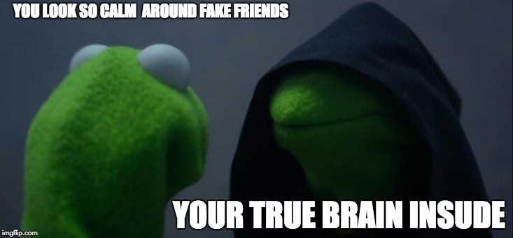 Evil Kermit | YOU LOOK SO CALM 
AROUND FAKE FRIENDS; YOUR TRUE BRAIN INSUDE | image tagged in memes,evil kermit | made w/ Imgflip meme maker