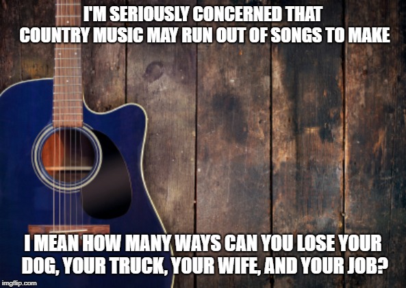country music | I'M SERIOUSLY CONCERNED THAT COUNTRY MUSIC MAY RUN OUT OF SONGS TO MAKE; I MEAN HOW MANY WAYS CAN YOU LOSE YOUR DOG, YOUR TRUCK, YOUR WIFE, AND YOUR JOB? | image tagged in country music | made w/ Imgflip meme maker