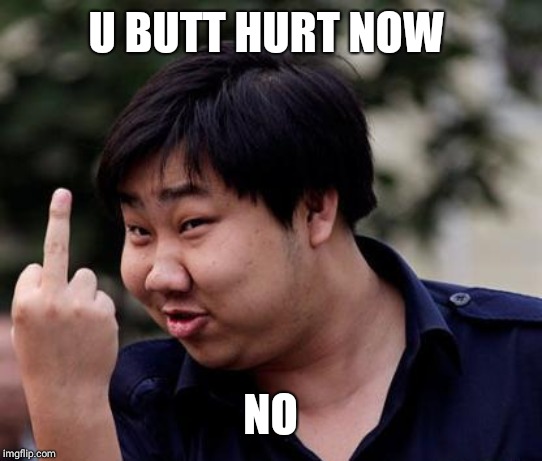 Chinese middle finger | U BUTT HURT NOW NO | image tagged in chinese middle finger | made w/ Imgflip meme maker