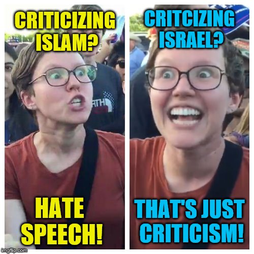 Social Justice Warrior Hypocrisy | CRITICIZING ISLAM? HATE SPEECH! CRITCIZING ISRAEL? THAT'S JUST CRITICISM! | image tagged in social justice warrior hypocrisy | made w/ Imgflip meme maker
