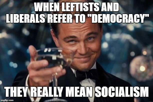 Leonardo Dicaprio Cheers Meme | WHEN LEFTISTS AND LIBERALS REFER TO "DEMOCRACY"; THEY REALLY MEAN SOCIALISM | image tagged in memes,leonardo dicaprio cheers,socialism,democracy | made w/ Imgflip meme maker
