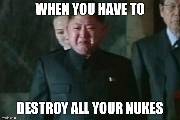 Kim Jong Un Sad | WHEN YOU HAVE TO; DESTROY ALL YOUR NUKES | image tagged in memes,kim jong un sad | made w/ Imgflip meme maker