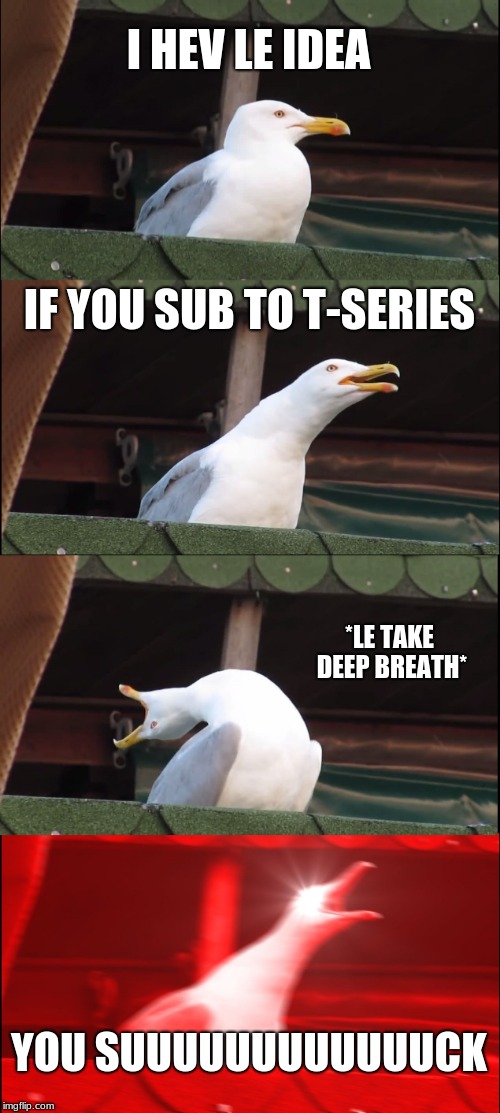 Inhaling Seagull | I HEV LE IDEA; IF YOU SUB TO T-SERIES; *LE TAKE DEEP BREATH*; YOU SUUUUUUUUUUUUCK | image tagged in memes,inhaling seagull | made w/ Imgflip meme maker