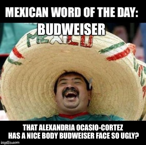 Mexican Word of the Day (LARGE) | BUDWEISER; THAT ALEXANDRIA OCASIO-CORTEZ HAS A NICE BODY BUDWEISER FACE SO UGLY? | image tagged in mexican word of the day large | made w/ Imgflip meme maker