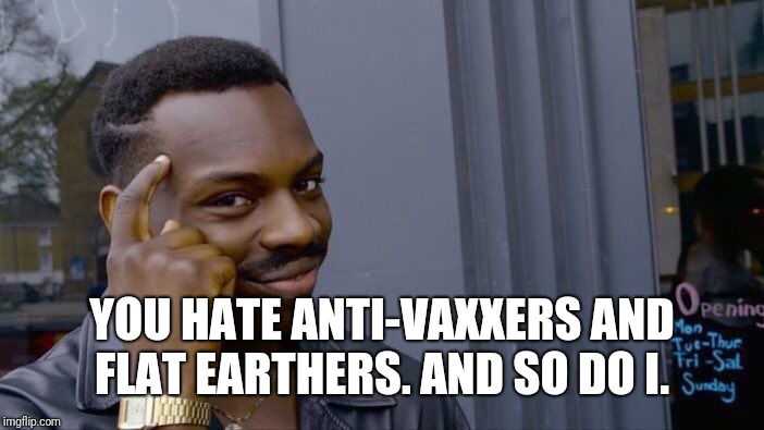 Roll Safe Think About It Meme | YOU HATE ANTI-VAXXERS AND FLAT EARTHERS. AND SO DO I. | image tagged in memes,roll safe think about it | made w/ Imgflip meme maker