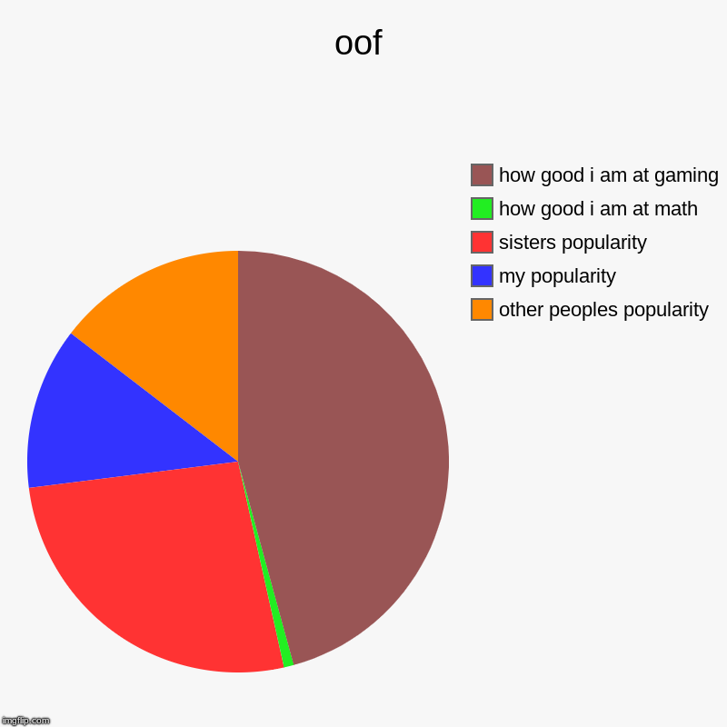 oof | other peoples popularity, my popularity, sisters popularity, how good i am at math, how good i am at gaming | image tagged in charts,pie charts | made w/ Imgflip chart maker