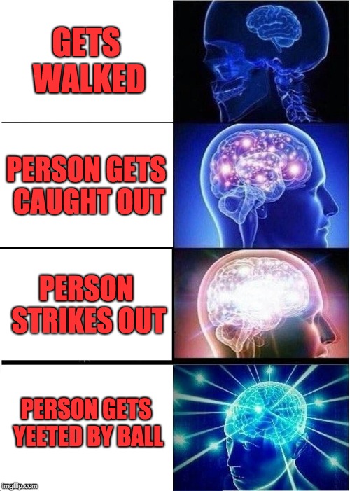 Expanding Brain | GETS WALKED; PERSON GETS CAUGHT OUT; PERSON STRIKES OUT; PERSON GETS YEETED BY BALL | image tagged in memes,expanding brain | made w/ Imgflip meme maker