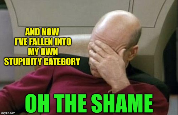 Captain Picard Facepalm Meme | AND NOW I’VE FALLEN INTO MY OWN STUPIDITY CATEGORY OH THE SHAME | image tagged in memes,captain picard facepalm | made w/ Imgflip meme maker