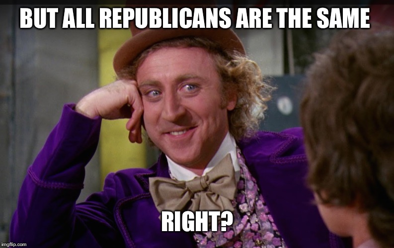 will wonka | BUT ALL REPUBLICANS ARE THE SAME RIGHT? | image tagged in will wonka | made w/ Imgflip meme maker