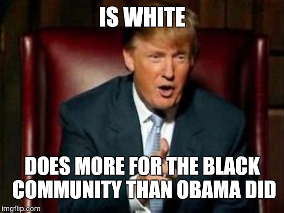 Donald Trump | IS WHITE; DOES MORE FOR THE BLACK COMMUNITY THAN OBAMA DID | image tagged in donald trump | made w/ Imgflip meme maker