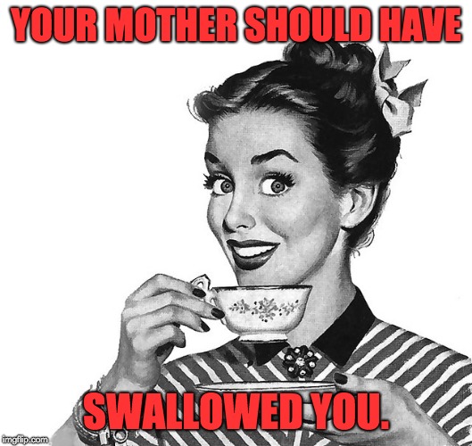 Retro woman teacup | YOUR MOTHER SHOULD HAVE; SWALLOWED YOU. | image tagged in retro woman teacup | made w/ Imgflip meme maker