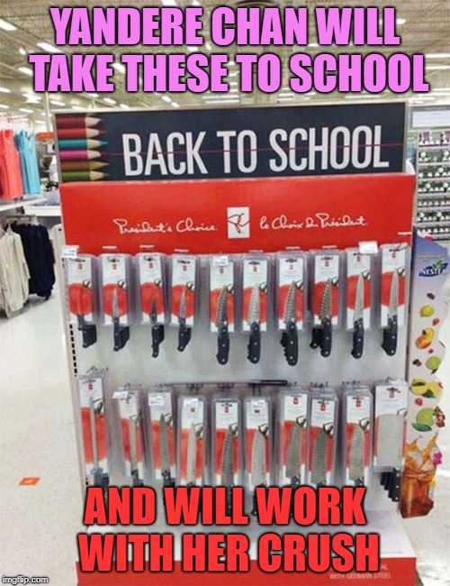 One Job Friday | YANDERE CHAN WILL TAKE THESE TO SCHOOL; AND WILL WORK WITH HER CRUSH | image tagged in you had one job | made w/ Imgflip meme maker