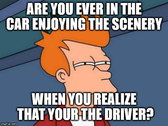 Futurama Fry Meme | ARE YOU EVER IN THE CAR ENJOYING THE SCENERY; WHEN YOU REALIZE THAT YOUR THE DRIVER? | image tagged in memes,futurama fry | made w/ Imgflip meme maker